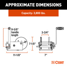 Load image into Gallery viewer, CURT 29538 Hand-Crank 2-Speed Winch, 3,800 lbs, 15.8:1 Low Gear Ratio, 9.6" Handle