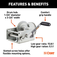 Load image into Gallery viewer, CURT 29538 Hand-Crank 2-Speed Winch, 3,800 lbs, 15.8:1 Low Gear Ratio, 9.6" Handle