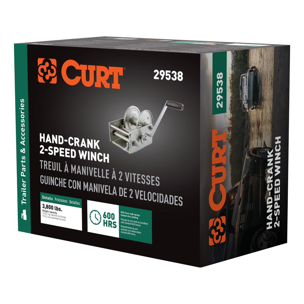 CURT 29538 Hand-Crank 2-Speed Winch, 3,800 lbs, 15.8:1 Low Gear Ratio, 9.6" Handle
