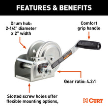 Load image into Gallery viewer, CURT 29610 Hand-Crank Brake Winch, 1,000 lbs, 4.2:1 Gear Ratio, 7" Handle