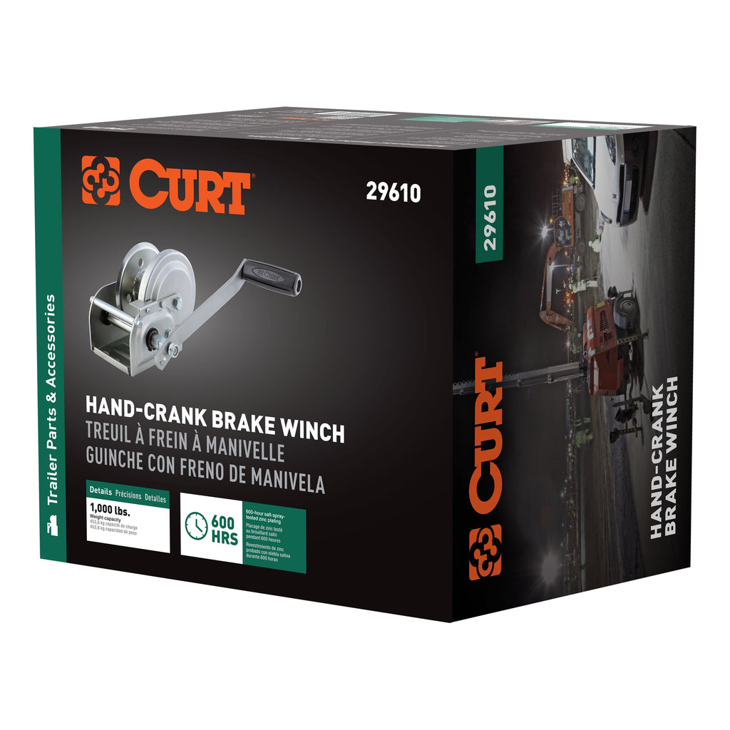 CURT 29610 Hand-Crank Brake Winch, 1,000 lbs, 4.2:1 Gear Ratio, 7" Handle