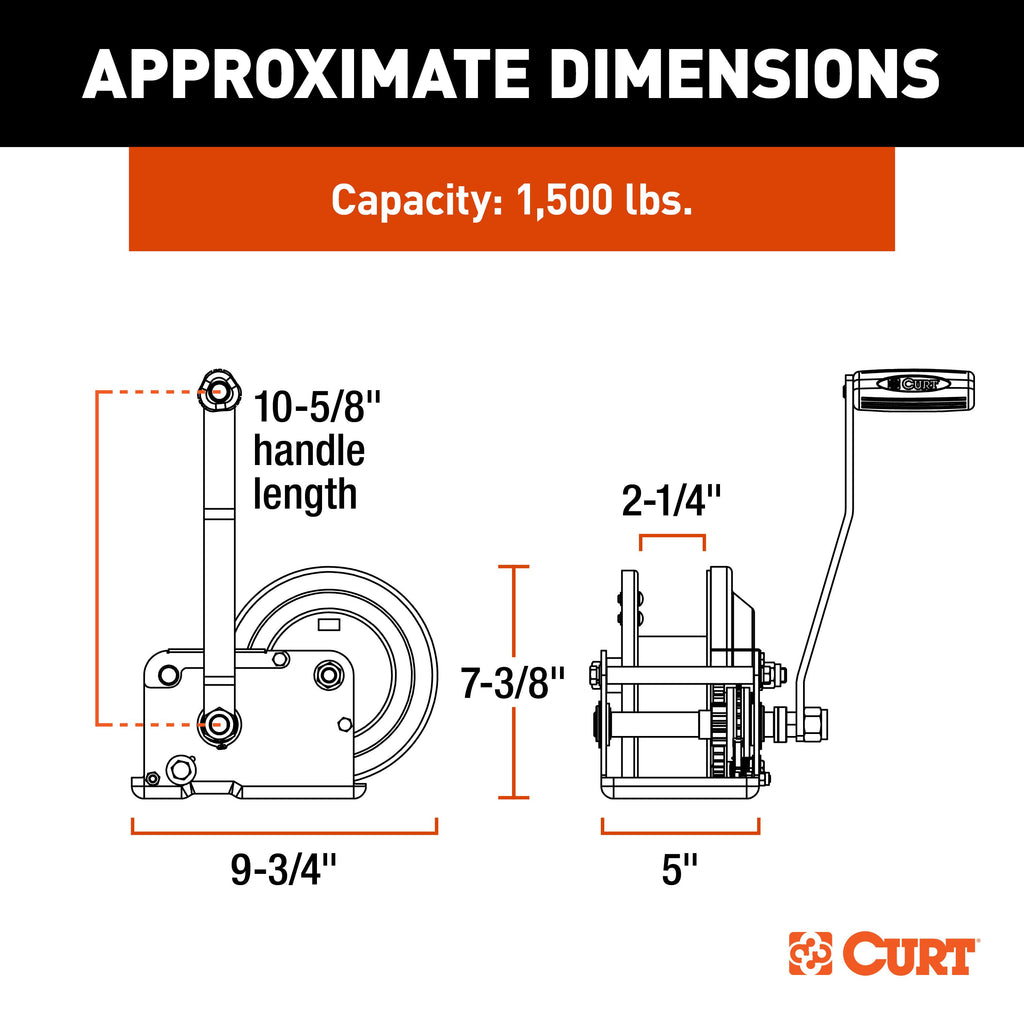 CURT 29615 Hand-Crank Brake Winch, 1,500 lbs, 5:1 Gear Ratio, 10.6" Handle