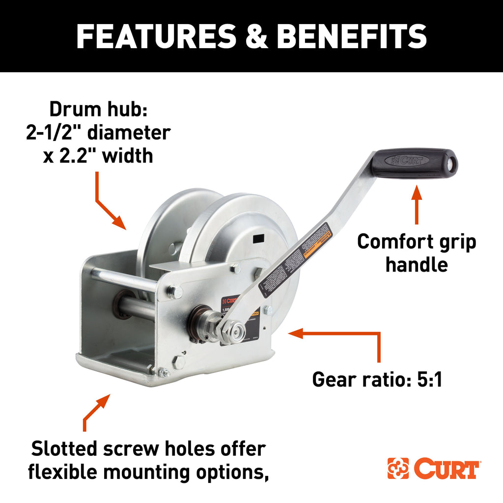 CURT 29615 Hand-Crank Brake Winch, 1,500 lbs, 5:1 Gear Ratio, 10.6" Handle