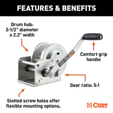 Load image into Gallery viewer, CURT 29615 Hand-Crank Brake Winch, 1,500 lbs, 5:1 Gear Ratio, 10.6" Handle