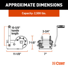 Load image into Gallery viewer, CURT 29625 Hand-Crank Brake Winch, 2,500 lbs, 15.8:1 Gear Ratio, 10.6" Handle