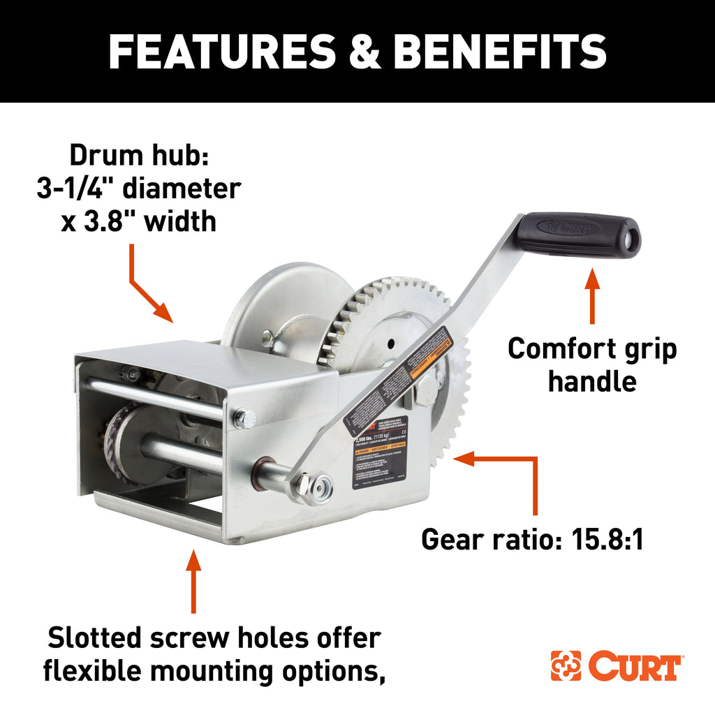 CURT 29625 Hand-Crank Brake Winch, 2,500 lbs, 15.8:1 Gear Ratio, 10.6" Handle