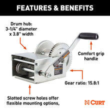 Load image into Gallery viewer, CURT 29625 Hand-Crank Brake Winch, 2,500 lbs, 15.8:1 Gear Ratio, 10.6" Handle