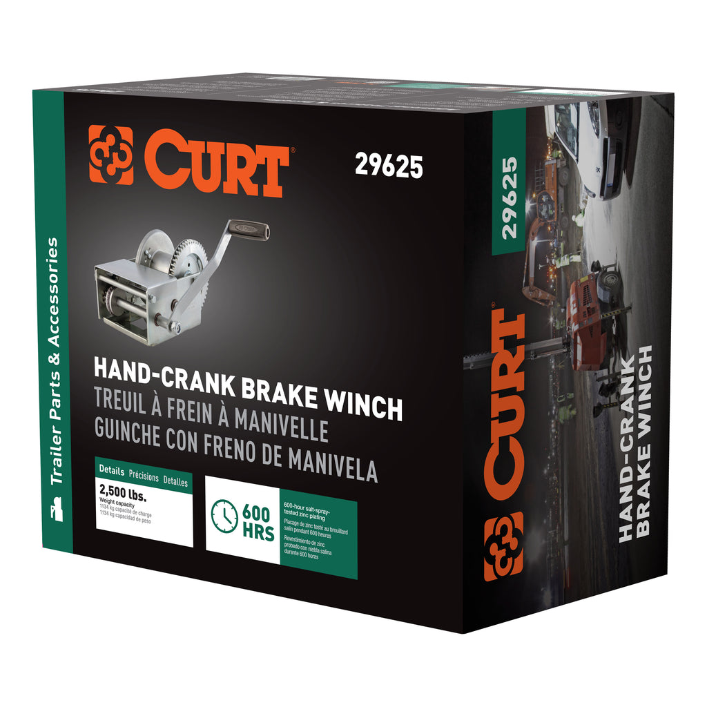 CURT 29625 Hand-Crank Brake Winch, 2,500 lbs, 15.8:1 Gear Ratio, 10.6" Handle