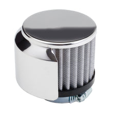 Load image into Gallery viewer, 3-In.-Tall-Clamp-On-Style-Breather-WHood;-1-38-In.-Tube;-Cotton-Filter-Chrome