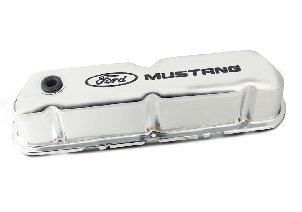 Ford Performance Parts 302-100 Ford Mustang Logo Stamped Steel Chrome Valve Covers for Select Ford 300, Ford Bronco, Ford Country Sedan, Ford Country Squire, Ford Custom, Ford Custom 500, Ford E-100 Econoline, Ford E-100 Econoline Club Wagon, Ford E-150