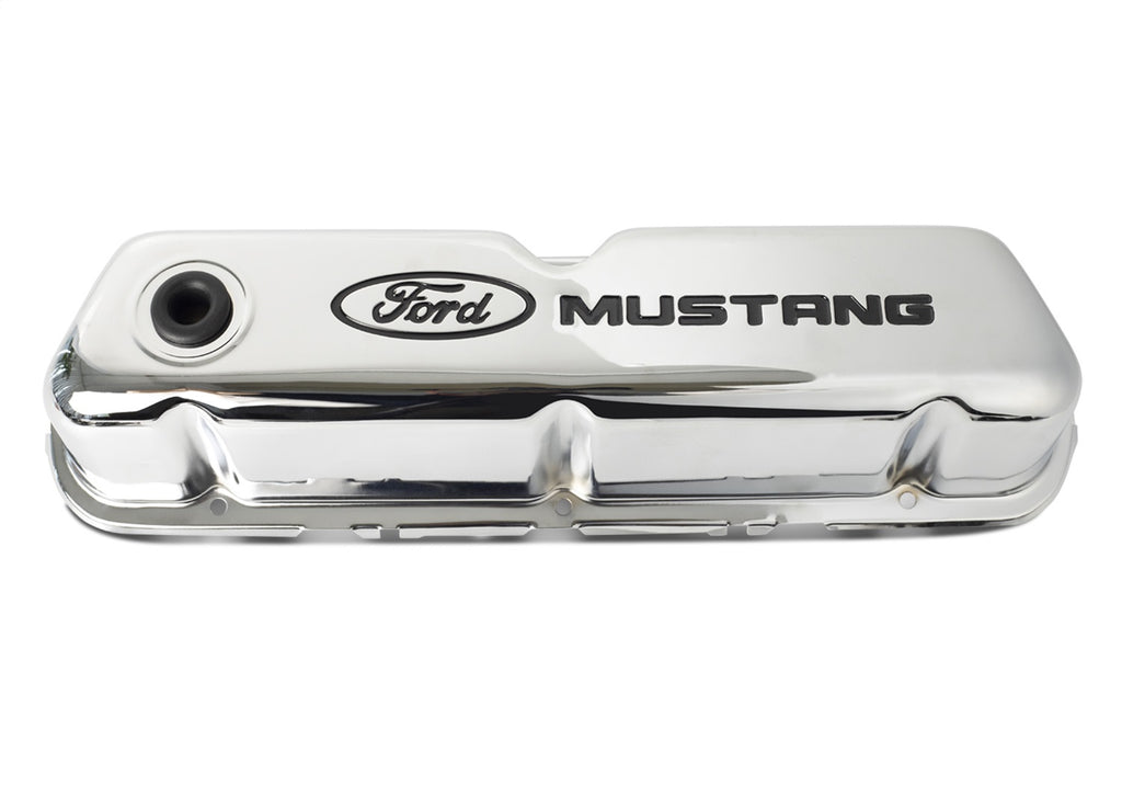 Ford Performance Parts 302-100 Ford Mustang Logo Stamped Steel Chrome Valve Covers for Select Ford 300, Ford Bronco, Ford Country Sedan, Ford Country Squire, Ford Custom, Ford Custom 500, Ford E-100 Econoline, Ford E-100 Econoline Club Wagon, Ford E-150