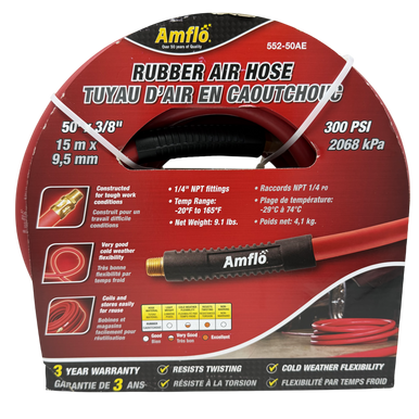 Amflo 552-50AE Rubber Air Hose, 3/8" x 50', 300PSI - 1/4" NPT
