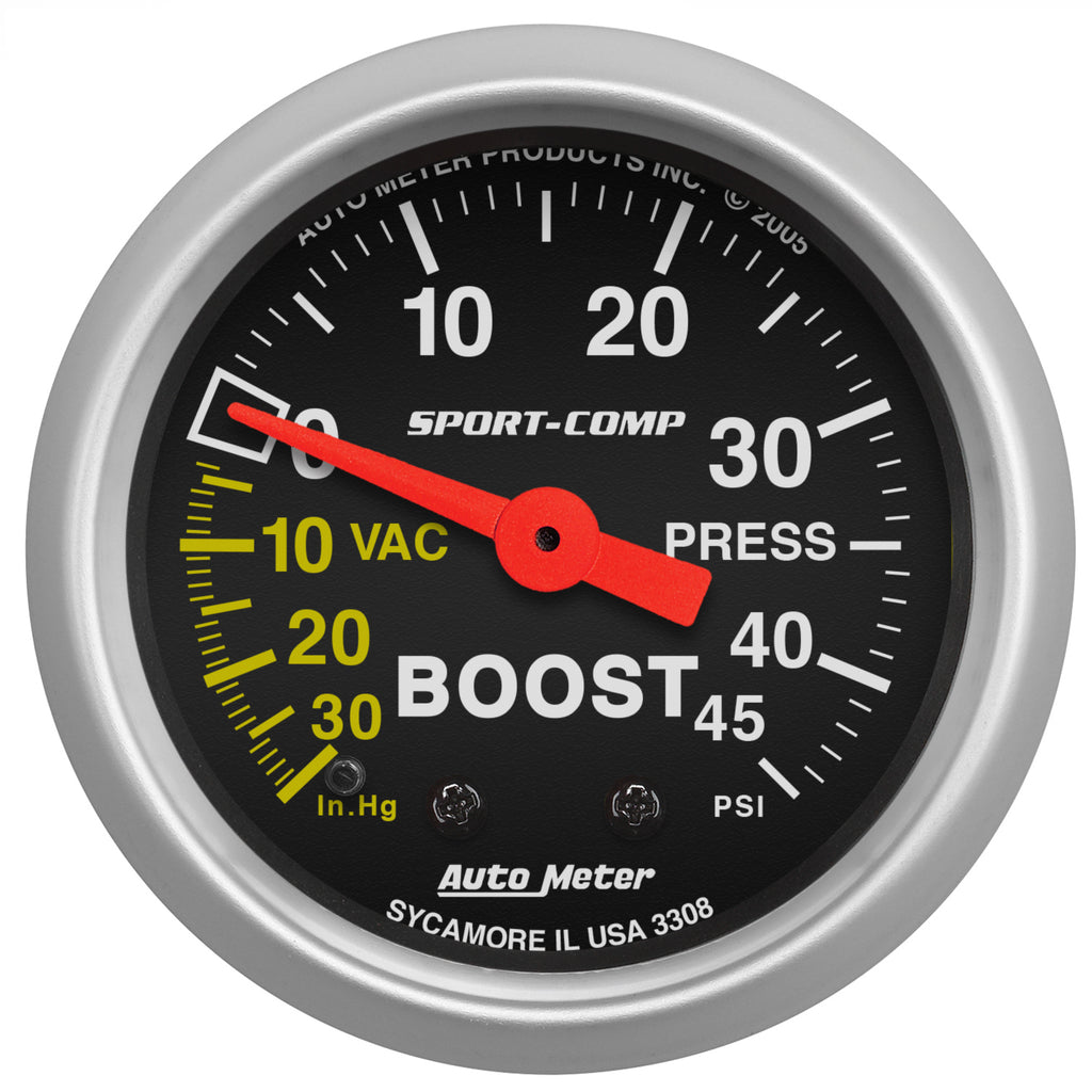AutoMeter 3308 GAUGE, VAC/BOOST, 2 1/16", 30INHG-45PSI, MECHANICAL, SPORT-COMP
