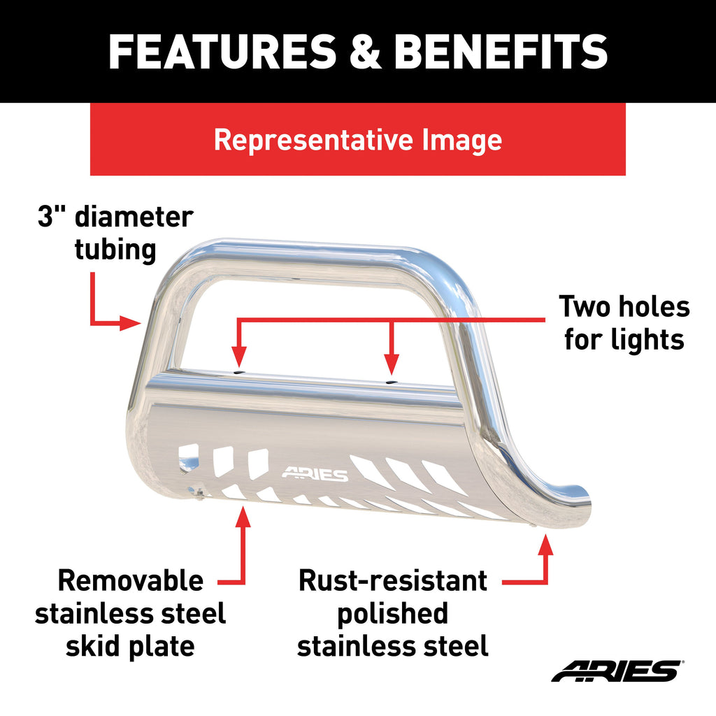 ARIES 35-4016 3" Polished Stainless Bull Bar, Select Cadillac, Chevrolet, GMC for Select Chevrolet Tahoe
