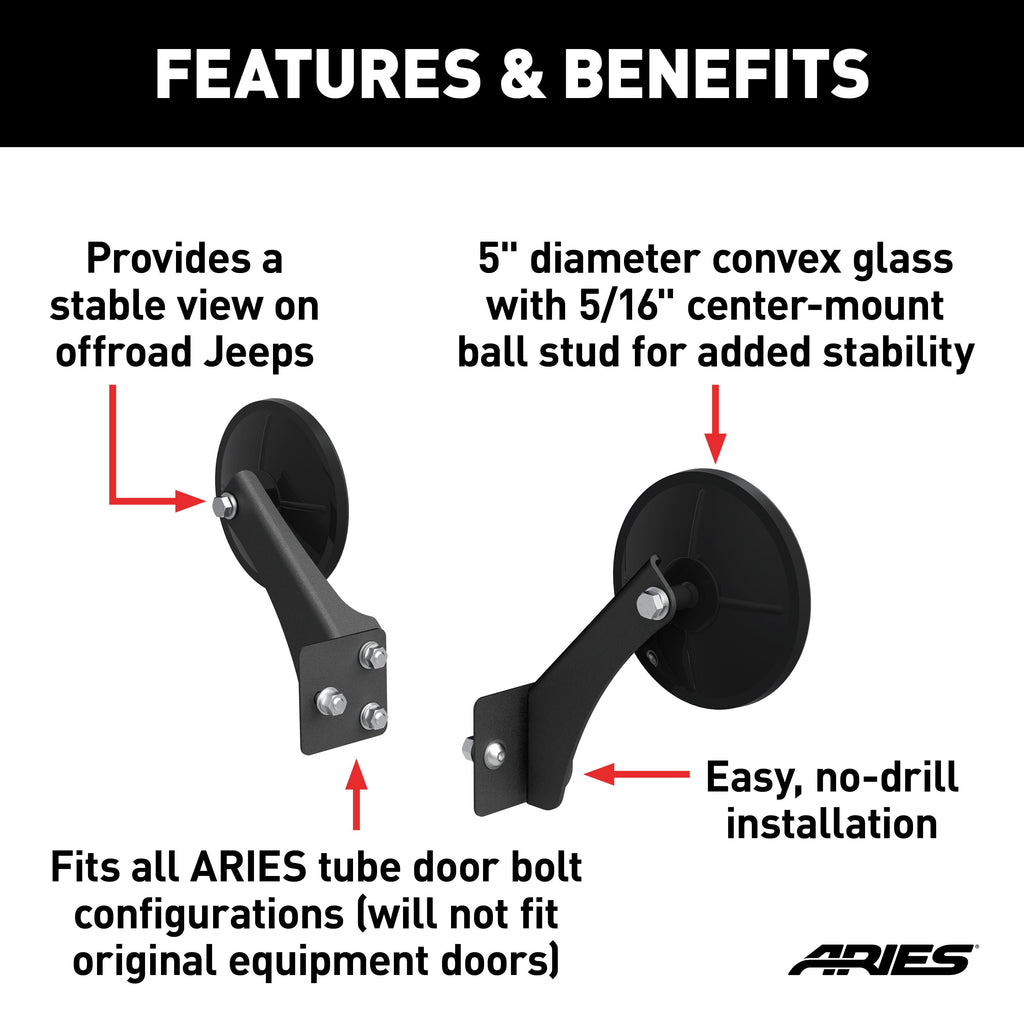 ARIES 3500300 Offroad Jeep Wrangler Tube Door Mirrors (2-Pack) for Select Jeep Wrangler