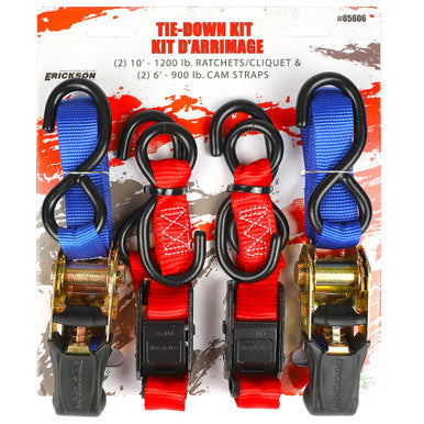 Erickson Straps & Tie Downs 05606 4 Pk 2 Pk1"X10' 1200 Lb Ratchet Straps 2 Pk 1"X6' 900 Lb Cam Straps