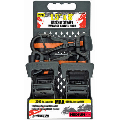 Erickson Straps & Tie Downs 05715 2 Pk1.5"X8' 2000 Lb W/Blk Flat Hook One End & Swivel Snap Hk Other End  Orange Strap