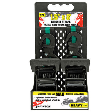 Erickson Straps & Tie Downs 05716 2 Pk1.5"X8' 3000 Lb Ratchet W/Built In Soft Tie W/ Blk Flat Hks, Blk Ratchet,Lime Green Stripe