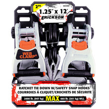 Load image into Gallery viewer, Erickson Straps &amp; Tie Downs 31353 2 Pk 1.25&quot;X12&#39; 2000 Lb Deluxe Ratcheting Tie Downs Gray W/ Web Clamp &amp; / Safety Snap Hks