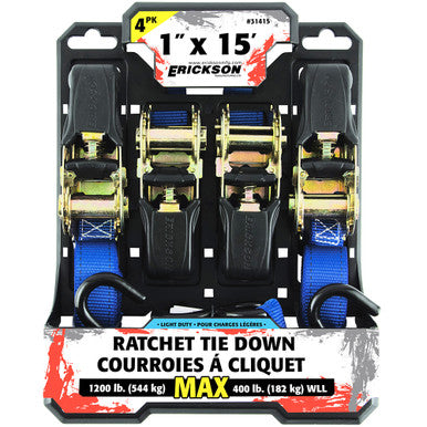 Erickson Straps & Tie Downs 31415 4 Pk 1"X15' 1200 Lb Ratcheting Tie Downs Blue