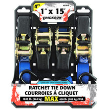 Load image into Gallery viewer, Erickson Straps &amp; Tie Downs 31415 4 Pk 1"X15' 1200 Lb Ratcheting Tie Downs Blue