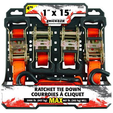Erickson Straps & Tie Downs 31416 4 Pk 1"X15' 2000 Lb Ratcheting Tie Downs Orange
