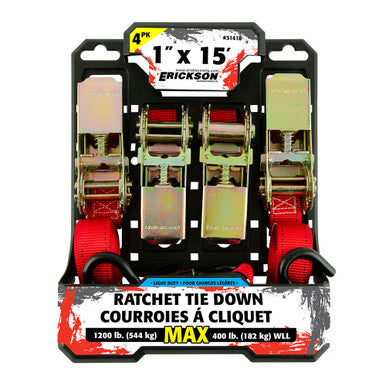 Erickson Straps & Tie Downs 31418 4 Pk 1"X15' 1200 Lb Ratcheting Tie Downs Red