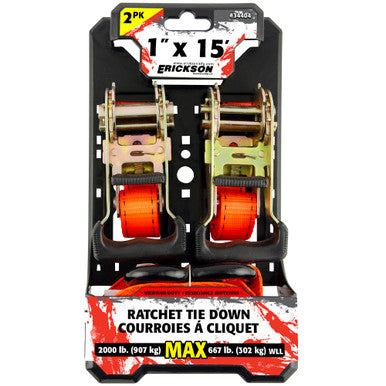 Erickson Straps & Tie Downs 34404 2 Pk 1"X15' 2000 Lb Ratcheting Tie Downs Orange
