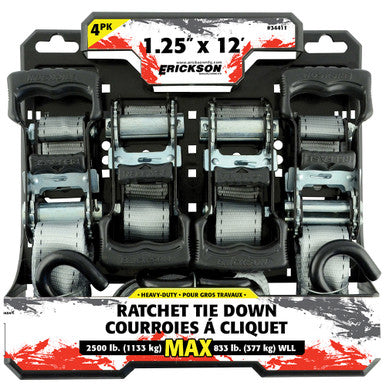 Erickson Straps & Tie Downs 34411 4 Pk 1.25"X12' 2500 Lb HD Ratcheting Tie Downs Silver
