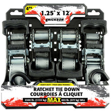 Load image into Gallery viewer, Erickson Straps &amp; Tie Downs 34411 4 Pk 1.25"X12' 2500 Lb HD Ratcheting Tie Downs Silver