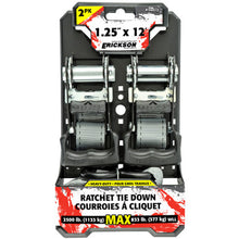 Load image into Gallery viewer, Erickson Straps &amp; Tie Downs 34412 2 Pk 1.25"X12' 2500 Lb Hd Ratcheting Tie Downs Gray