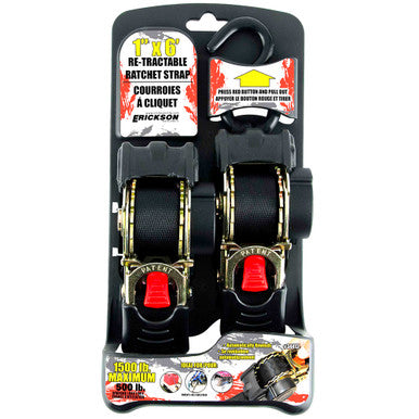 Erickson Straps & Tie Downs 34413 2 Pk 1"X6' 1500 Lb Re-Tractable Ratchet Tie Downs Black