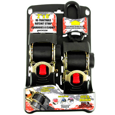 Erickson Straps & Tie Downs 34414 2 Pk 2"X6' 4000 Lb Re-Tractable Ratchet Tie Downs Black