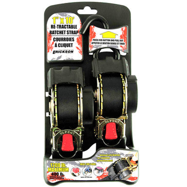 Erickson Straps & Tie Downs 34415 2 Pk 1"X10' 1200 Lb Re-Tractable Ratchet Tie Downs Black