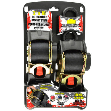 Erickson Straps & Tie Downs 34416 2 Pk 2"X10' 3300 Lb Re-Tractable Ratchet Tie Downs Black