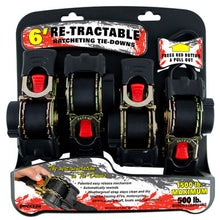 Load image into Gallery viewer, Erickson Straps &amp; Tie Downs 34420 4 Pk 1&quot;X6&#39; 1500 Lb Re-Tractable Ratchet Tie Downs Black