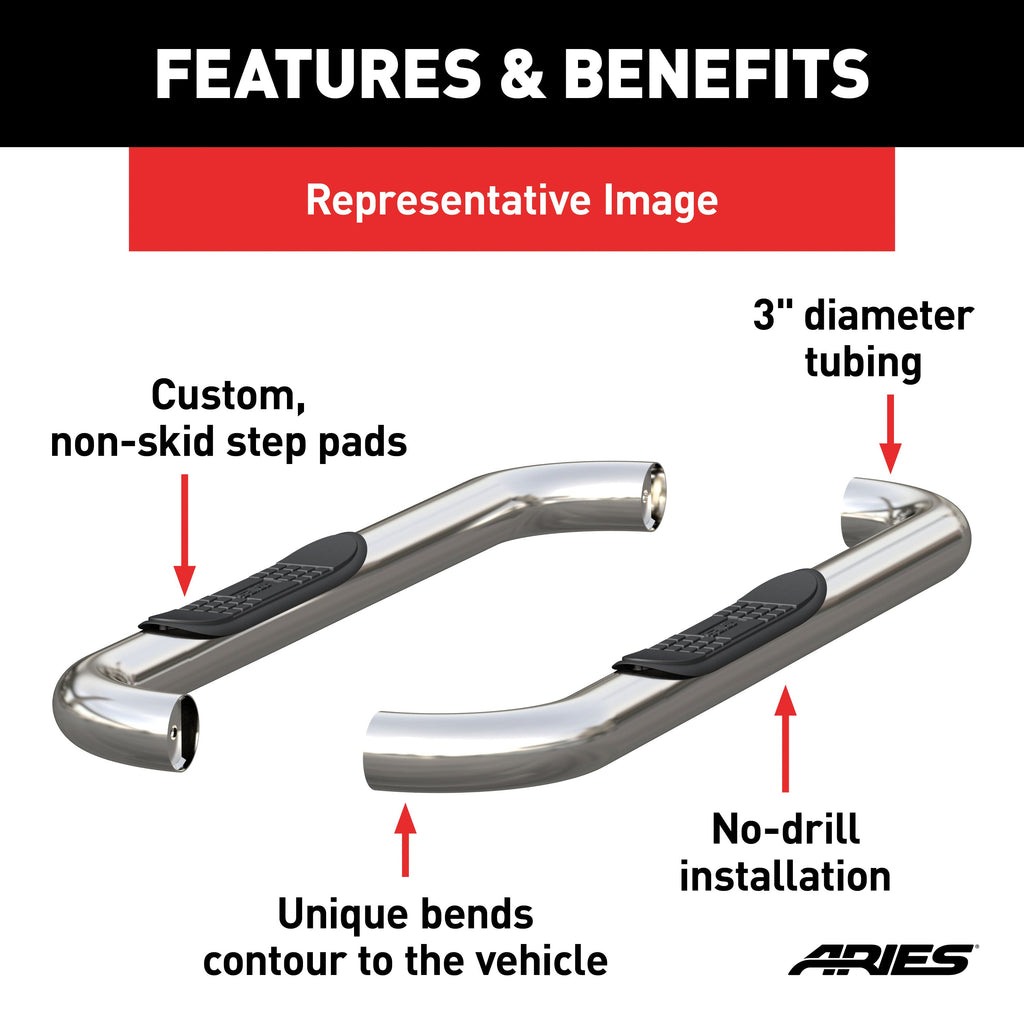 ARIES 35800-2 3in. Round Polished Stainless Side Bars; Select Jeep Wrangler JK - Truck Part Superstore