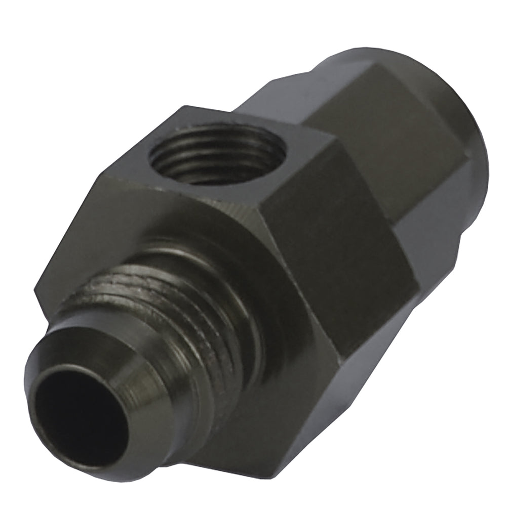Derale 35920 Aluminum Swivel Fitting -6AN Male x -6AN Female w/ 1/8" Side Port, Blue Anodized