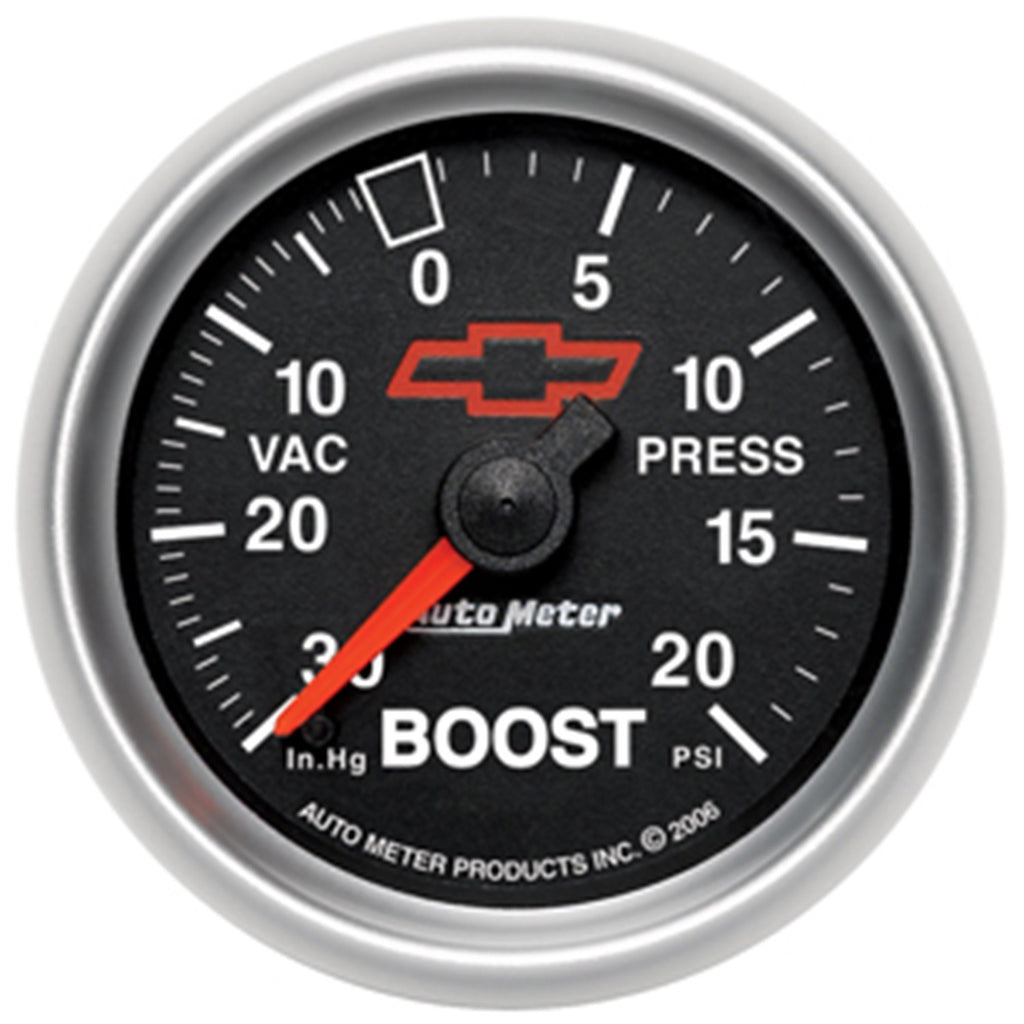 AutoMeter 3607-00406 GAUGE, VAC/BOOST, 2 1/16", 30INHG-20PSI, MECHANICAL, CHEVY RED BOWTIE, BLACK