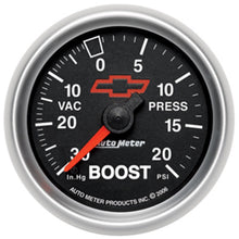 Load image into Gallery viewer, AutoMeter 3607-00406 GAUGE, VAC/BOOST, 2 1/16", 30INHG-20PSI, MECHANICAL, CHEVY RED BOWTIE, BLACK
