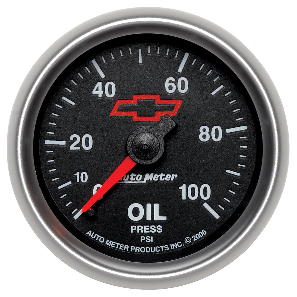AutoMeter 3621-00406 GAUGE, OIL PRESSURE, 2 1/16", 100PSI, MECHANICAL, CHEVY RED BOWTIE, BLACK