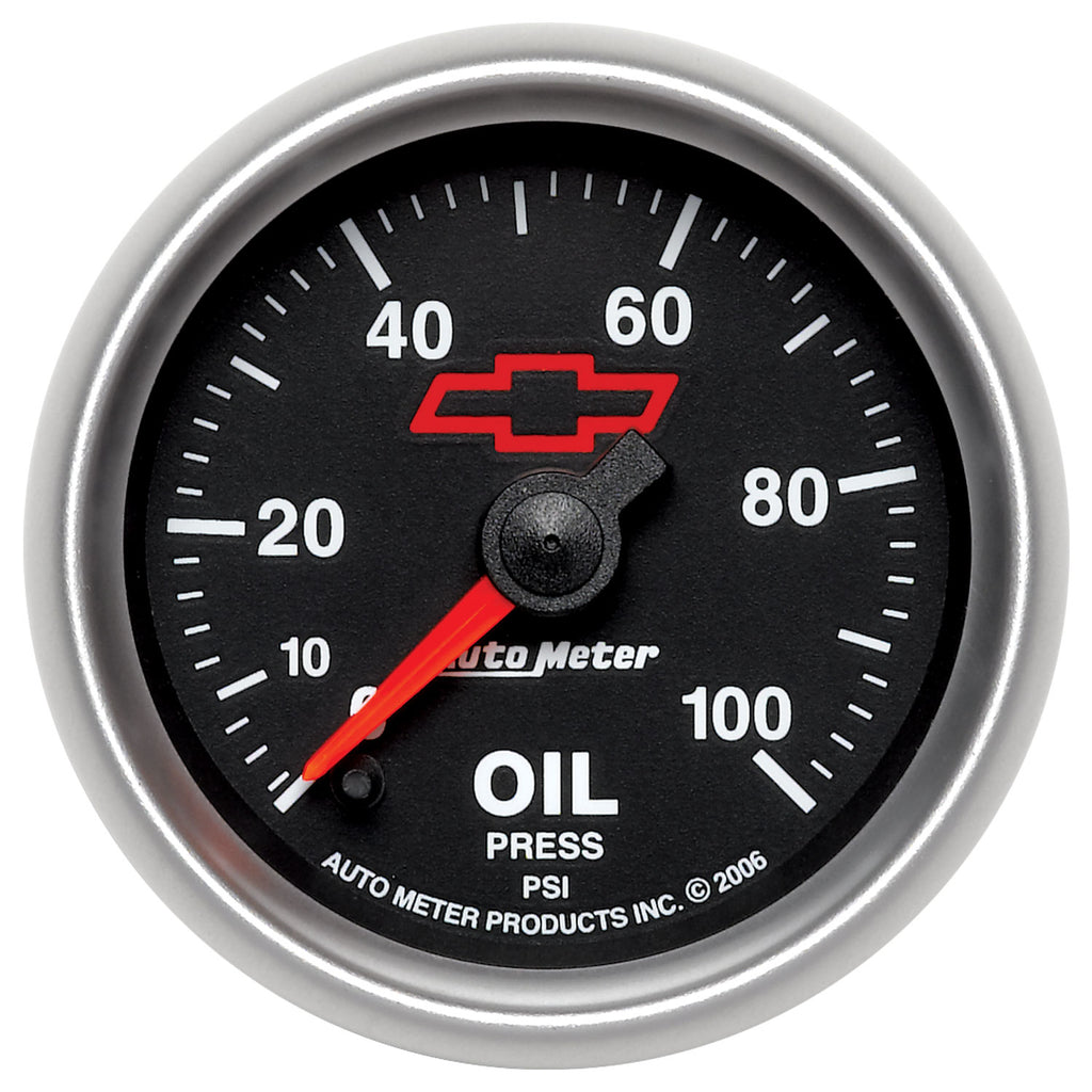 AutoMeter 3653-00406 GAGE, OIL PRSSURE, 2 1/16", 100PSI, DIGTL STPPR MTR, CHEVY RED BOWTIE, BLACK