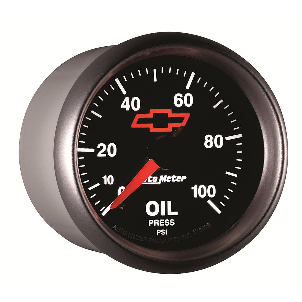 AutoMeter 3653-00406 GAGE, OIL PRSSURE, 2 1/16", 100PSI, DIGTL STPPR MTR, CHEVY RED BOWTIE, BLACK