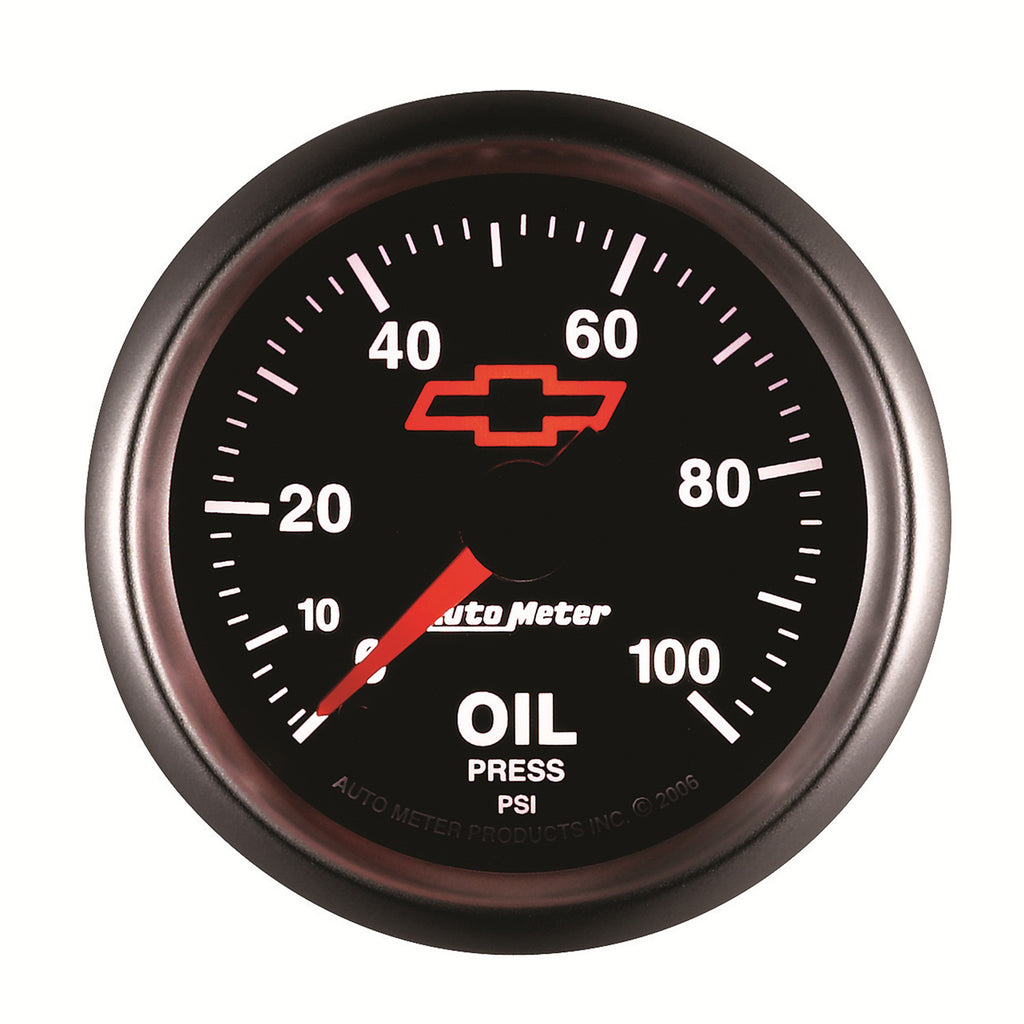 AutoMeter 3653-00406 GAGE, OIL PRSSURE, 2 1/16", 100PSI, DIGTL STPPR MTR, CHEVY RED BOWTIE, BLACK