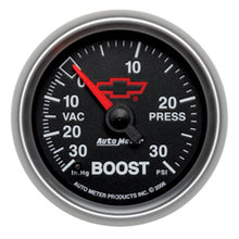 Load image into Gallery viewer, AutoMeter 3659-00406 GAGE, VAC/BOOST, 2 1/16", 30INHG-30PSI, DIGTL STPPR MTR, CHEVY RED BOWTIE, BLACK