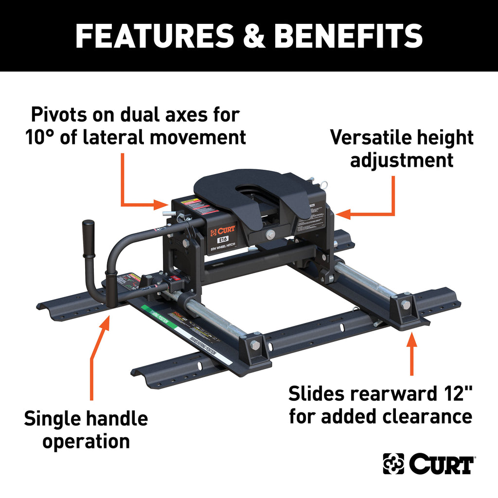 CURT 16616 E16 Sliding 5th Wheel Hitch with Rails; 16;000 lbs. - Truck Part Superstore
