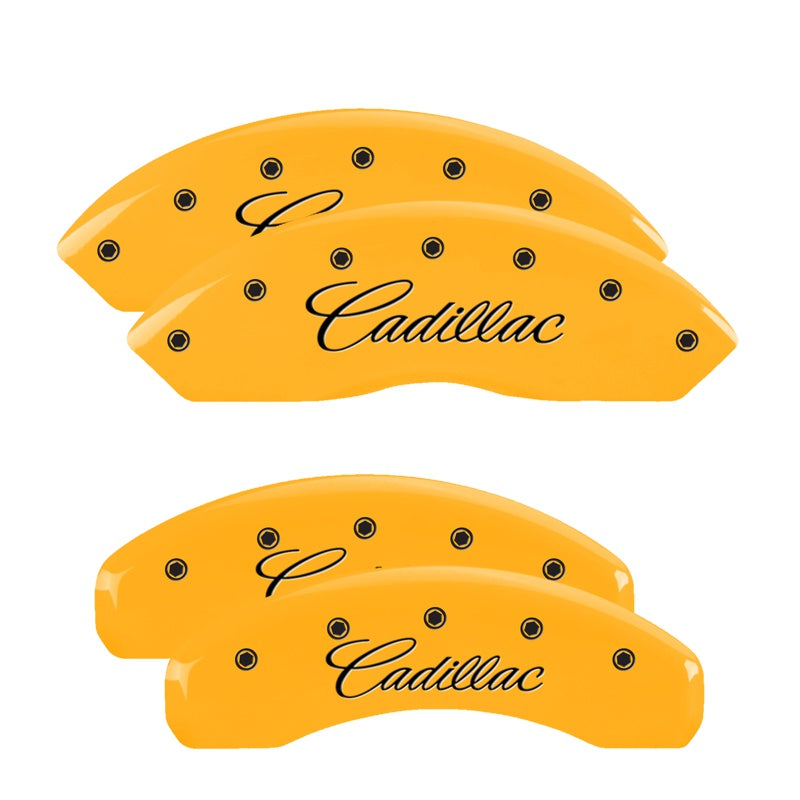 4-Caliper-Covers-Engraved-F--R-CursiveCadillac-Yellow-Finish-Black-Char-2007-Cadillac-Dts