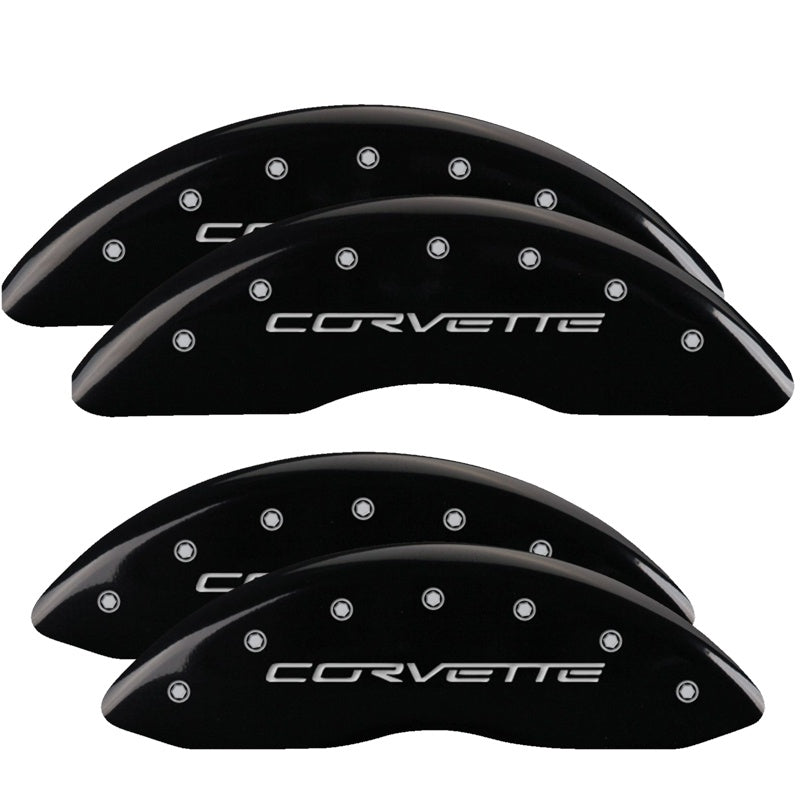 4-Caliper-Covers-Engraved-Front--Rear-C6Corvette-Black-Finish-Silver-Ch