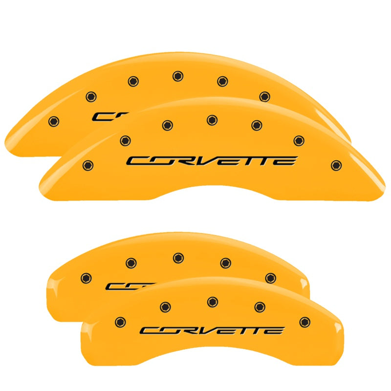 4-Caliper-Covers-Engraved-Front--Rear-C7Corvette-Yellow-Finish-Black-Ch