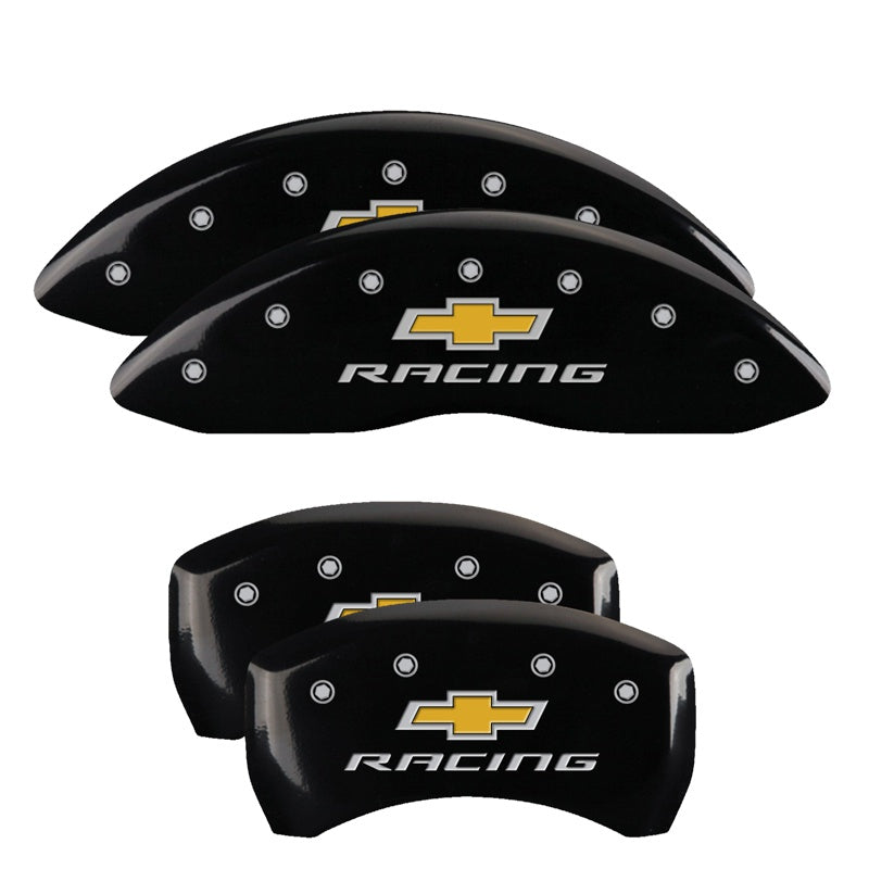 4-Caliper-Covers-Engraved-Front--Rear-Chevy-Racing-Black-Finish-Silver-Ch